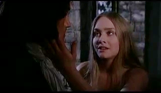 Angel Blake (Linda Hayden) Tries to seduce Reverend Fallowfield in the 1871 film Blood on Satan's Claw