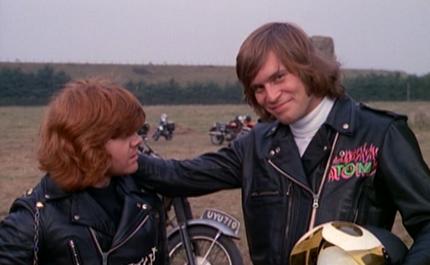 Denis Gilmore and Nicky Henson as Hatchet and Tom in a scene from Psychomania (British horror film about a zombie biker gang).