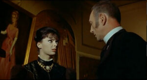 Barbara Steele and Robert Flemyng in a scene from the Italian horror film The Horrible Dr. Hichcock (1962)