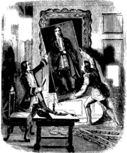 Henry and Charles pry the picture of the vampire from the wall: Original illustration from the book Varney the Vampire
