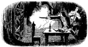 Charles Holland shoots the figure that has appeared at the other side of the window: Original illustration from the Varney the Vampire chapter XII