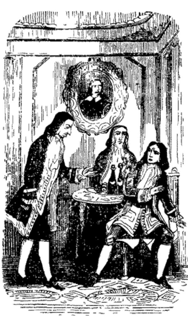 Sir Francis Varney talking with Henry Bannerworth and Mr. Marchdale, who recognize him as Flora's attacker (black and white illustration for Varney the Vampire, chapter XIV)