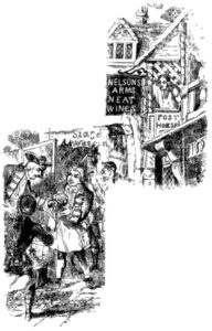 The Admiral arrives at the Nelson's Arms (Black and white illustration from Varney the Vampire Chapter XV)