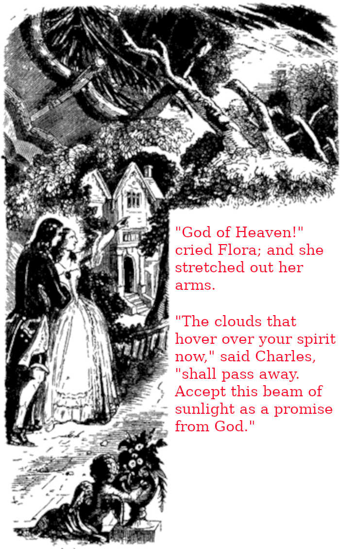 Charles and Flora are illuminated by a beam of sunshine , during a storm (Illustration from Varney the Vampire, chapter 16