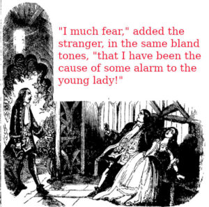 Charles and Flora are shocked by Sir Francis Varney's appearance in the summerhouse (Illustration from Varney the Vampire, chapter 17