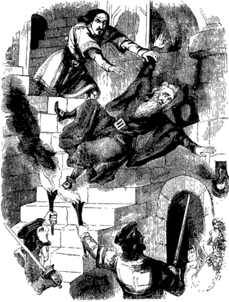 The count pushes the doctor Illustration from the 19th chapter of Varney the Vampire, or the Feast of Blood