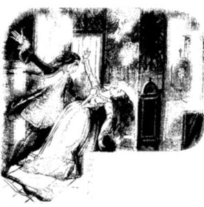 Varney clasps Flora's waist in a vice-like grip (Illustration from Varney the Vampire, chapter XX