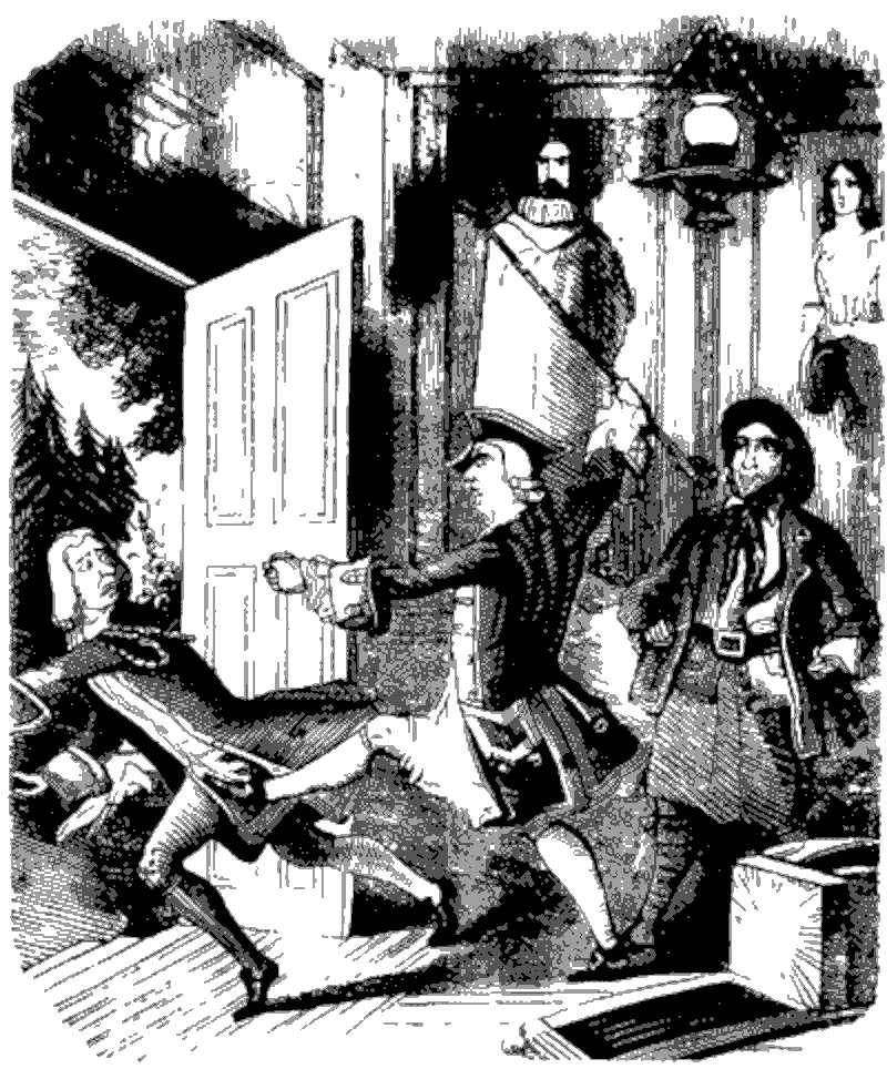 The Admiral works out his frustration by giving Varney's servant a kick up the backside (illustration from Varney the Vampire, chapter XXIII