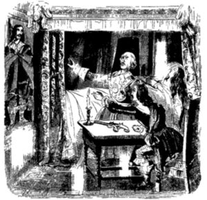 George and Mr. Marchdale notice the resemblence between the intruder and the man in the portrait on the wall of Flora's room. (Original illustration from Varney the Vampire, or the Feast of Blood, chapter 3. )
