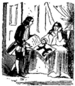 Henry Bannister gives his sister, Flora, the book Charles has sent for her enjoyment (Illustration from Varney the Vampire, chapter XIX