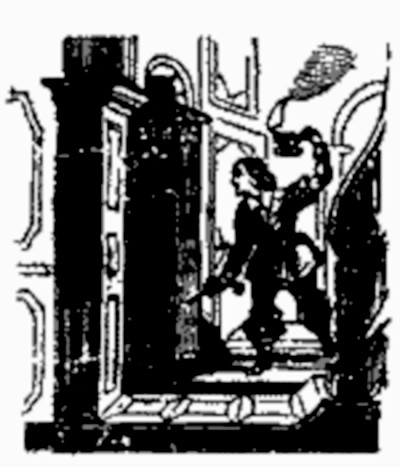 Early illustration for chapter 2 of Varney the Vampire. shows a man walking in the dark with only an oil lamp to light his way.