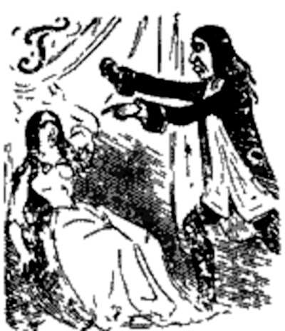 Varney the vampire advances on Flora. Varney the Vampire pays a third visit to Flora Bannerworth (Illustration from Varney the Vampire, chapter XX)
