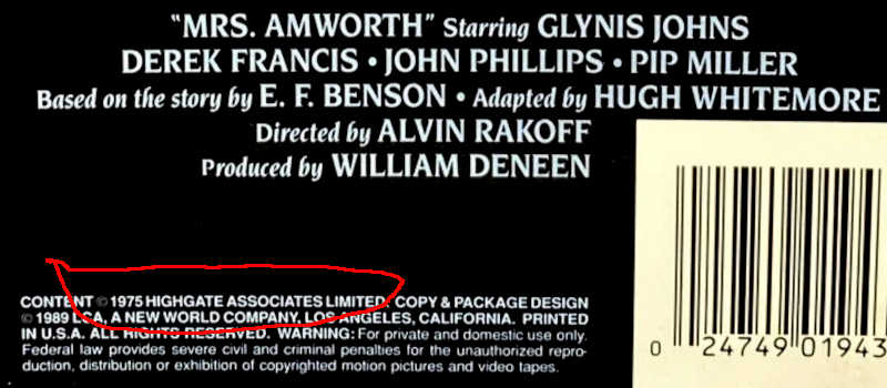Year of copyright shown on video tape sleeve Small print from the back of VHS video sleeve, showing year of copyright for the short film Mrs. Amworth