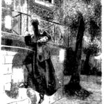 The Admiral watches Charles sneak out of Bannerworth Hall via the balcony (Black and White Illustration from Varney the Vampire, Chapter 26)