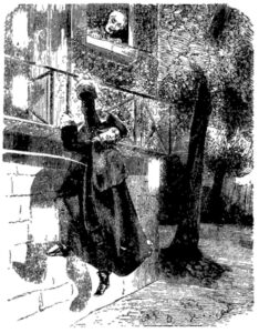 The Admiral watches Charles sneak out of Bannerworth Hall via the balcony (Black and White Illustration from Varney the Vampire, Chapter 26)