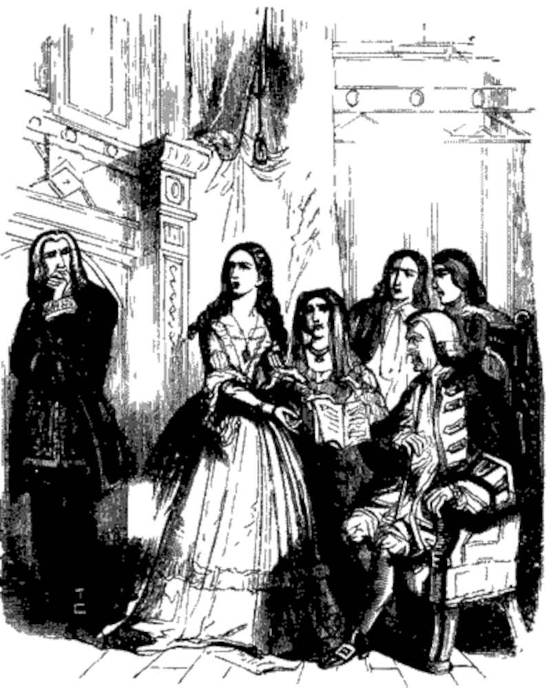 Flora rejects the idea that Charles has written the three letters. Flora rejects the idea that Charles has written the three letters, she has been handed {Illustration from Varney the Vampire, chapter 27)