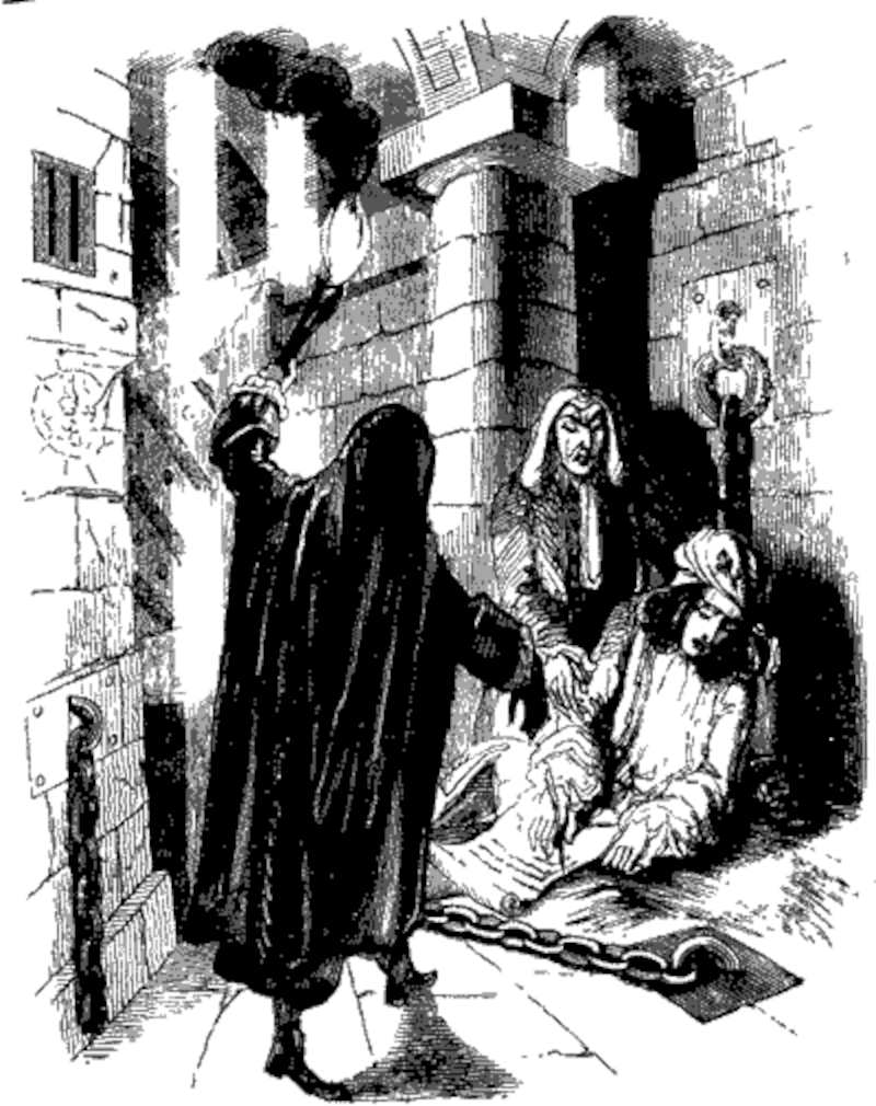 The prisoner receives a visit from his captors The prisoner receives a visit from his captors (black and white illustration from Varney the Vampire, chapter XXIX)