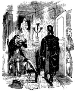Varney the vampire cowers in the presence of the mysterious stranger (Illustration from Varney the Vampire, chapter XXXII