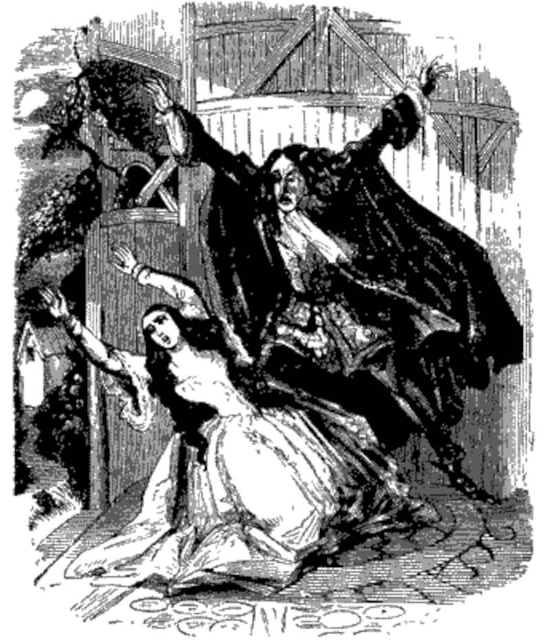 Black and white illustration of Varney the Vampire terrorizing Flora Bannerworth in the summerhoue (Varney the Vampire, chapter XXXIV