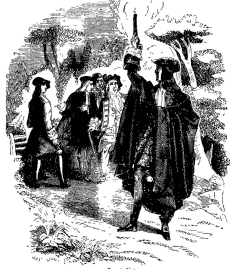 During their duel, Varney the Vampire fires his pistol in the air, instead of at Henry Bannerworth (illustration from Varney the Vampire, chapter XXXIX