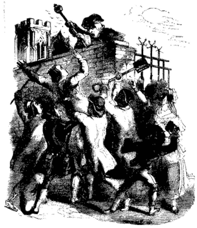 Waggles, the beadle, brandishes his staff at the crowd trying to force its way into the graveyard - Illustration from Varney the Vampire, chapter XLI 