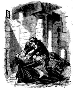 The prisoner (Charles Holland) attacks his visitor (Varney the Vampire) -- Illustration from Varney the Vampire, chapter XL