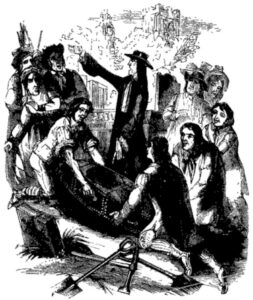 The mob pull a coffin from the ground (illustration from Varney the Vampire, chapter XLII