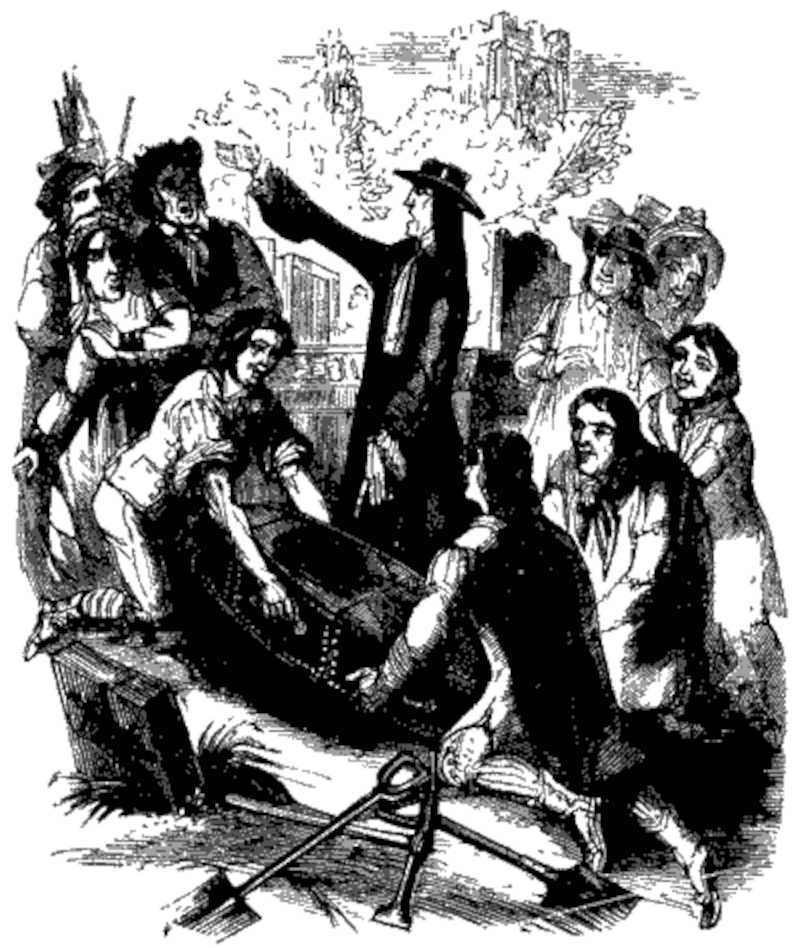 The mob pull a coffin from the ground (illustration from Varney the Vampire, chapter XLII