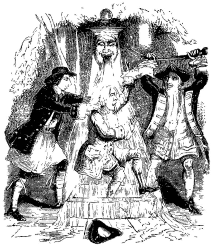 Jack and the Admiral give Sir Francis' servant a dousing under the water pump in the garden (illustration from Varney the Vampire, chapter XLIV