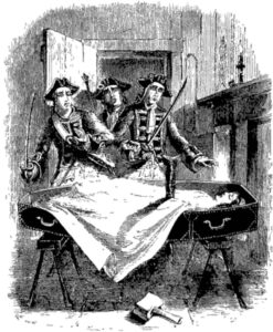 The soldiers discover the body the mob has staked. (Illustration from Varney the Vampire, chapter XLVI