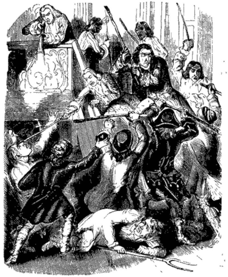 The mob forces its way up the stairs of Sir Francis Varney's house (illustration from Varney the Vampire, chapter XLVIII