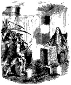 Sir Francis Varney welcomes the mob while displaying unexpected courtesy (Varney the Vampire, chapter XLIX