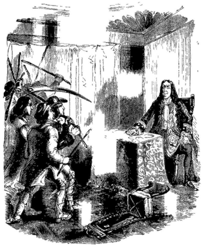 Sir Francis Varney welcomes the mob while displaying unexpected courtesy (Varney the Vampire, chapter XLIX