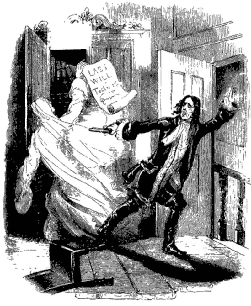 Man shooting what appears to be a ghost -- illustration from Varney the Vampire, chapter 60