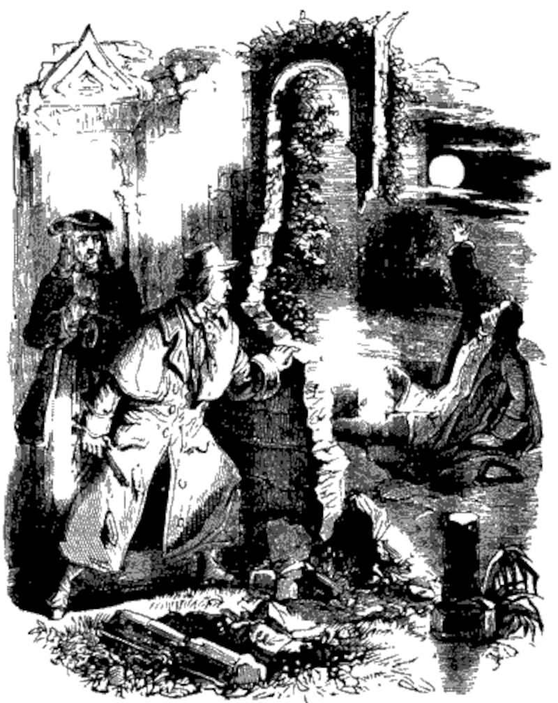 After being shot and killed, Sir Francis Varney is ressurected by exposure to moonlight (illustration from Varney the Vampire, chapter LXI)