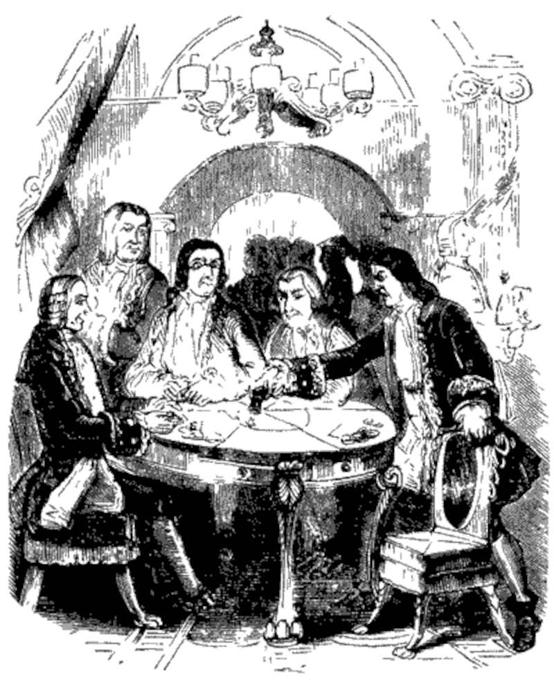 A group of men men in a mid-19th century gambling den (Illustration from Varney the Vampire, chapter LXIX)