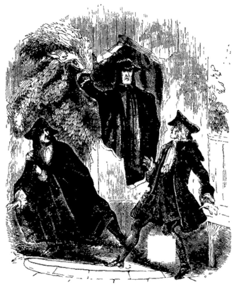 Varney interrupts Mr. Chilligworth's conversation in the summer house (Illustration from Varney the Vampire, chapter LXX