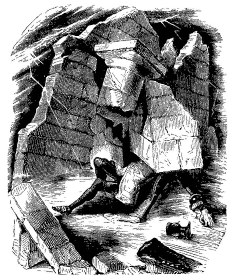 The ruins cave in, killing Mr. Marchdale (Illustration from Varney the Vampire, chapter 70