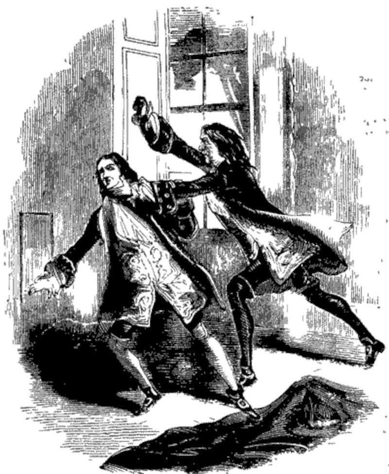 Varney grabs Charles Holland by the throat (illustration from Varney the Vampire, chapter LXXIX