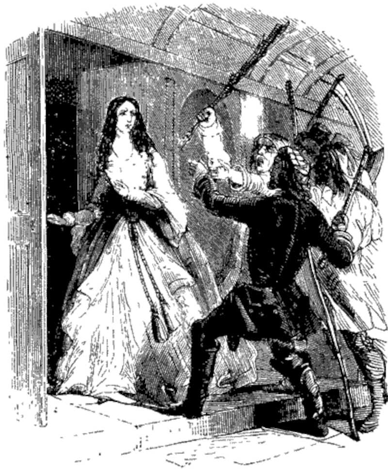 Flora Bannerworth chastises the mob for desiring to enter her boudoir (illustration from Varney the Vampire, chapter 85