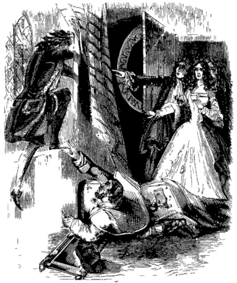 Varney escapes through the window (illustration from Varney the Vampire, chapter LXXXVII