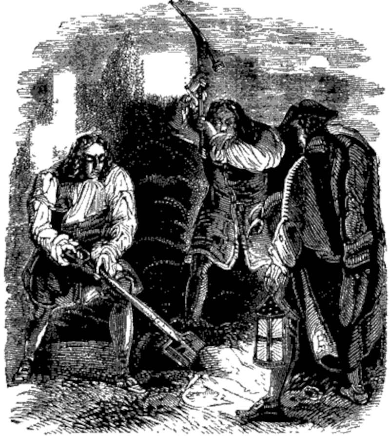 Henry Bannerworth, Charles Holland, and Mr. Chillingworth begin digging up the body of the murdered man (Varney the Vampire, chapter LXXXVII)