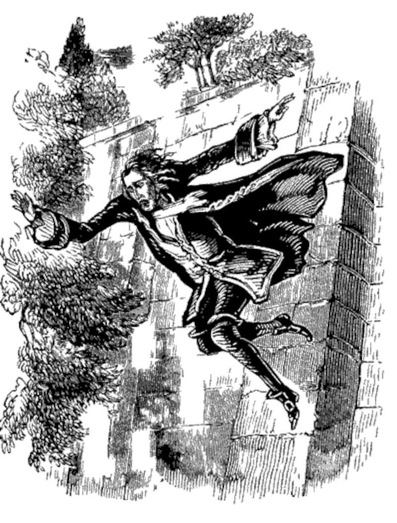 Sir Francis Varney leaps from the roof (illustration from Varney the Vampire, chapter LXXXIV)
