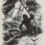 Black and white illustration of a man in a rowboat at sea .(Taken from Varney the Vampire, chapter CXIV)