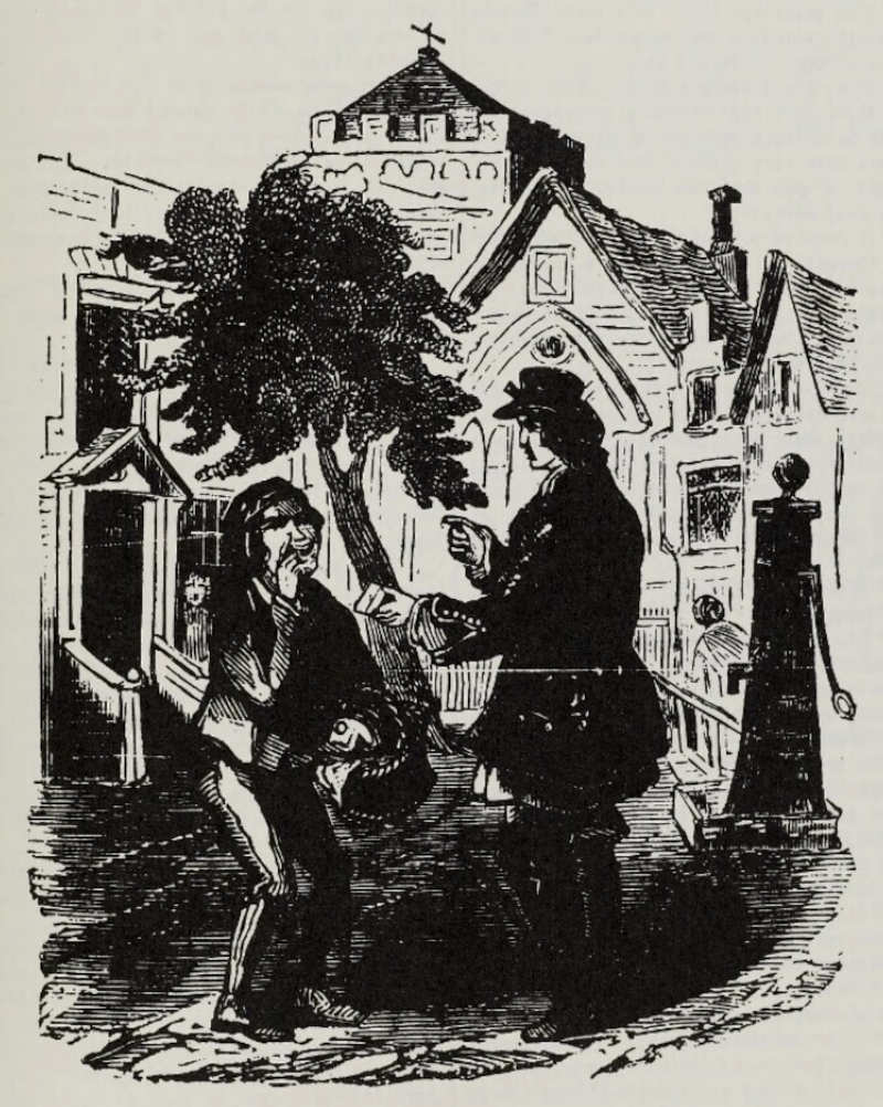 James Anderson attempting to get Caleb to take a message to Helen Williams (illustration from Varney the Vampire, chapter CXII)