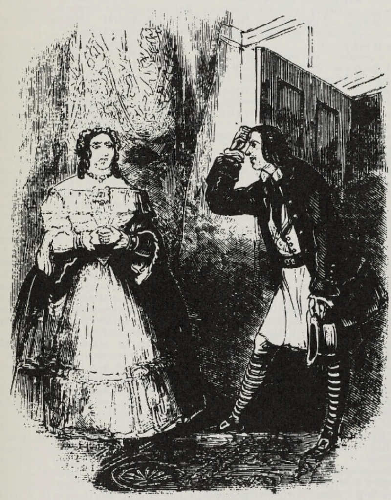 Jack Pringle introduces himself to Mrs. Williams (Illustration from Varney the Vampire, chapter CIX)
