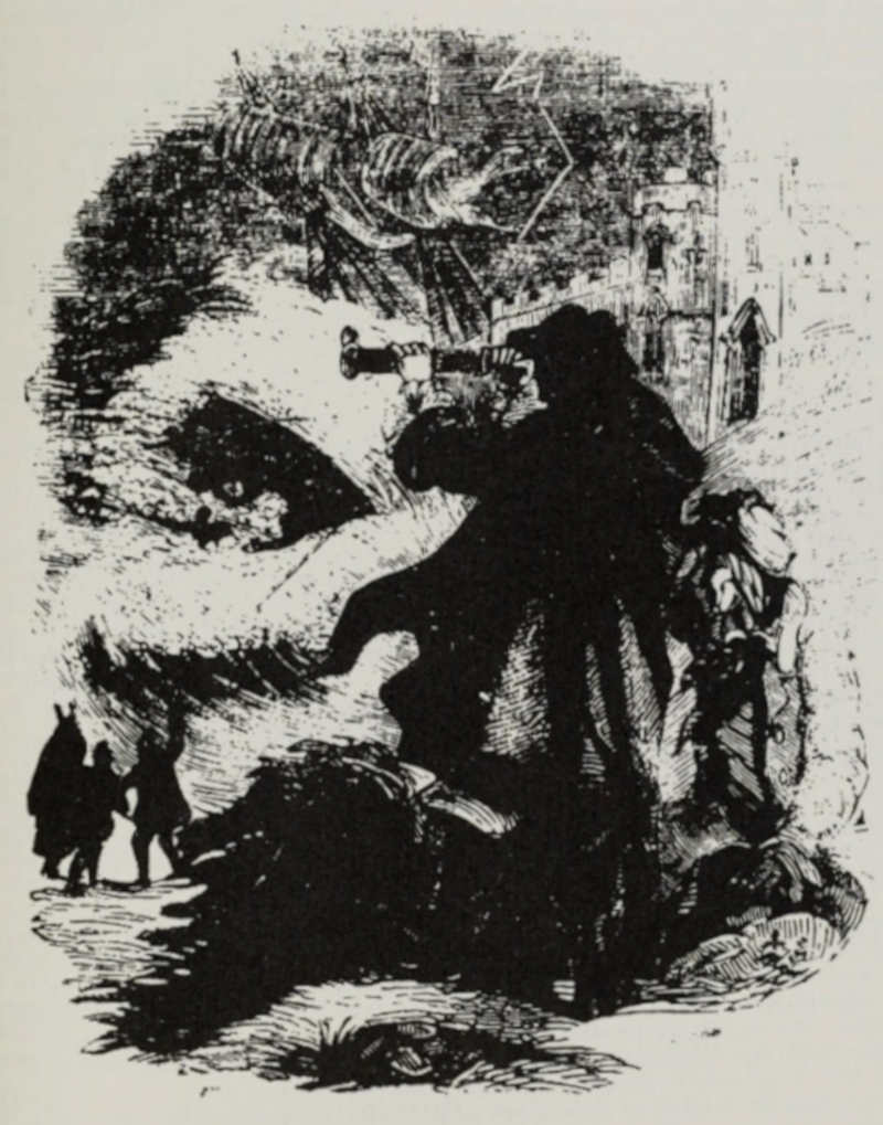 The Baron watches the ship struggling in the storm. (Illustration from Varney the Vampire, chapter CV)