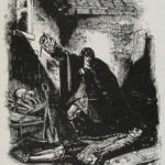 Varney the Vampire in the Charnel-House, poised to strike when the other vampire is revived by the moonlight. (Illustration from Varney the Vampire, chapter CIII)