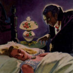 Picture of Count Dracula about to feed on a sleeping woman.