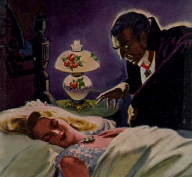 Picture of Count Dracula about to feed on a sleeping woman.